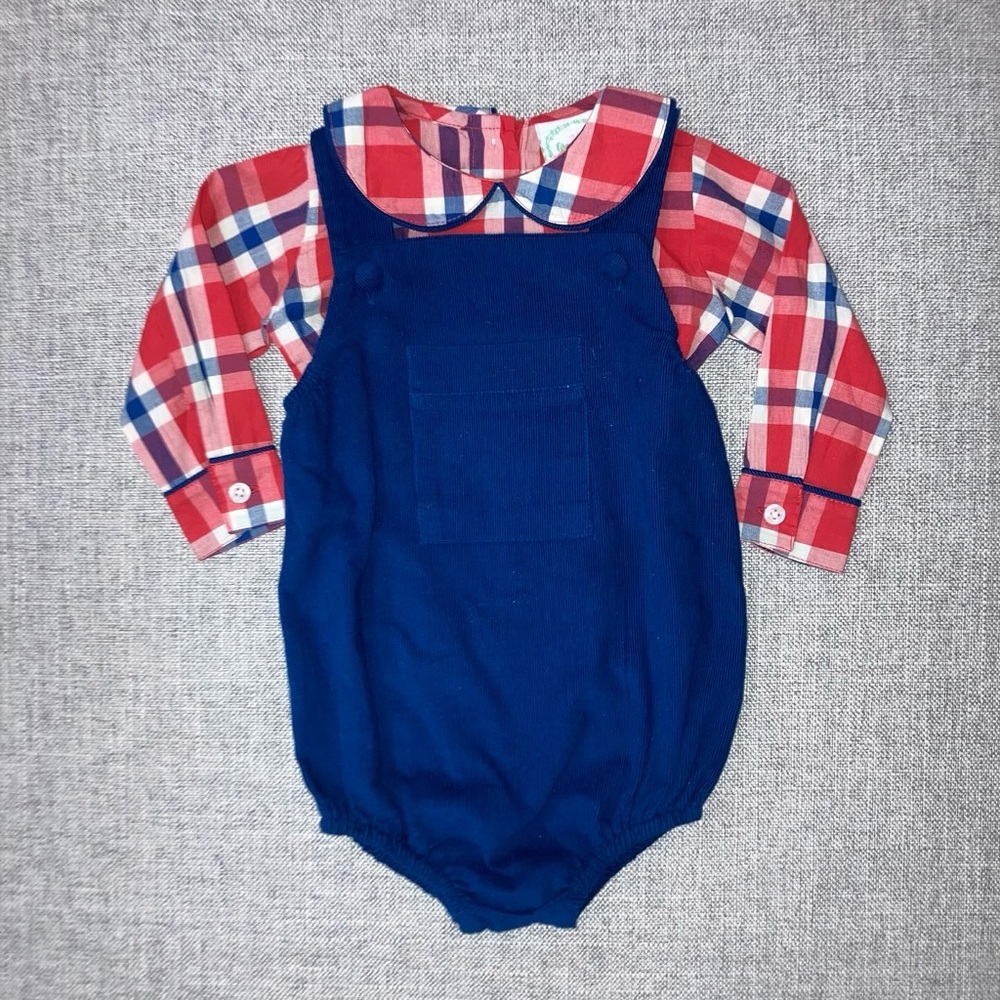 Grace and James 9m blue corduroy bubble and red plaid shirt set VGUC